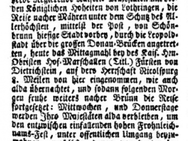 Wienerisches Diarium z 15. června 1748, zpráva o odjezdu Marie Terezie, císaře Františka I. Lotrinského a jejich doprovodu na Moravu. 